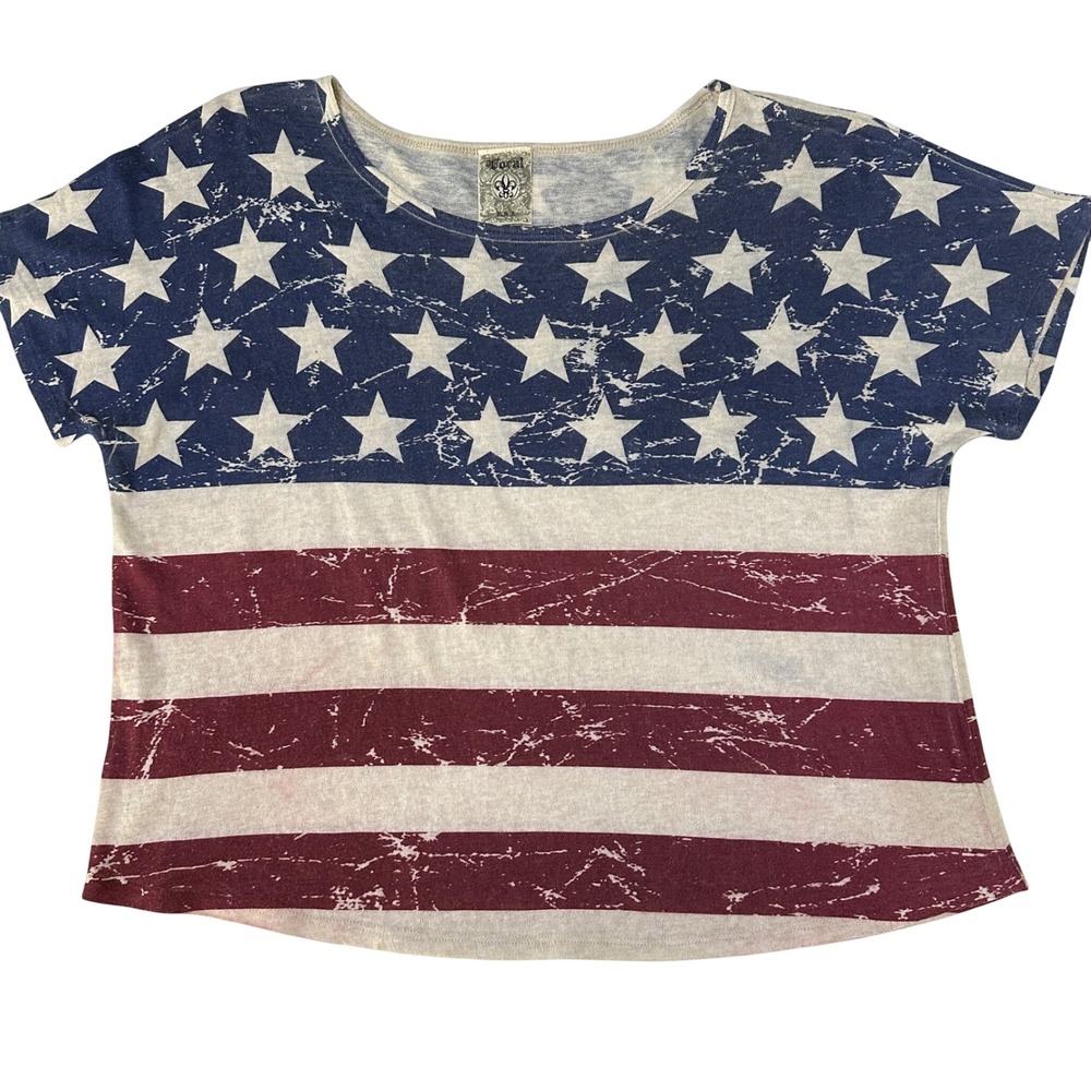 Vocal American Flag Graphic Top Boxy Womens M Distressed Stars Stripes Americana